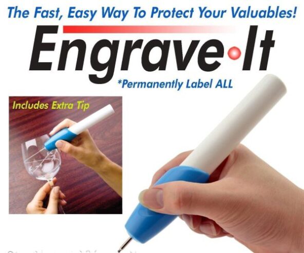 Engrave it Permanently label all of your important items! Engrave It engraving tool allows you to engrave nearly anything you can imagine on almost any type of surface: wood, metal, plastic, leather, glass and much more. Do you know that Law enforcement won’t return stolen property unless its identifiable? Use Engrave It to permanently label and protect your valuables. Safe and easy to use. Works just like a pen. Engrave your child’s lunch box or guard against theft by engraving your MP3 player. Engrave ornaments, silver pieces, lockets, rings and more. Great arts and crafts fun for the whole family. Personalize your keepsakes, Engrave It is an inexpensive alternative to costly engraving services! Includes: 1x Engrave-It Engraving Tool 1x Bonus Replacement Tip Uses 2 AA batteries (NOT included) Hold the Engrave It like you would a pencil, with your thumb over the control button. Press the control button in with your thumb. Applying slight pressure, press tool down on surface to be engraved. Hold it at a slight angle (like you would a pencil). To turn off simply release thumb pressure from control button. Works on: Metal Steel Wood Electronics Valuables Collectables Leather Computers And more…. (Safety Note: Always wear protective eyewear when engraving and wash hands after use. It is not recommended that you engrave electronic media such as CD’s, DVD’s etc because engraving on those materials may damage the media.)
