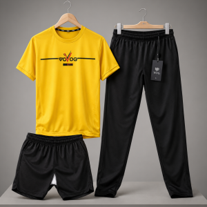 JBI Striped Printed Yellow SPO-VOG Summer 3-in-1 Tracksuit | Stylish Sportswear Set for Men & Women | Lightweight, Breathable Activewear