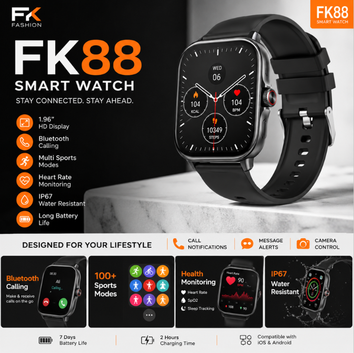 FK88 Smart Watch – 1.78″ Full Touch Screen, Bluetooth Calling, Heart Rate & SpO₂ Monitor, Multi‑Sport Modes – Android & iOS Compatible