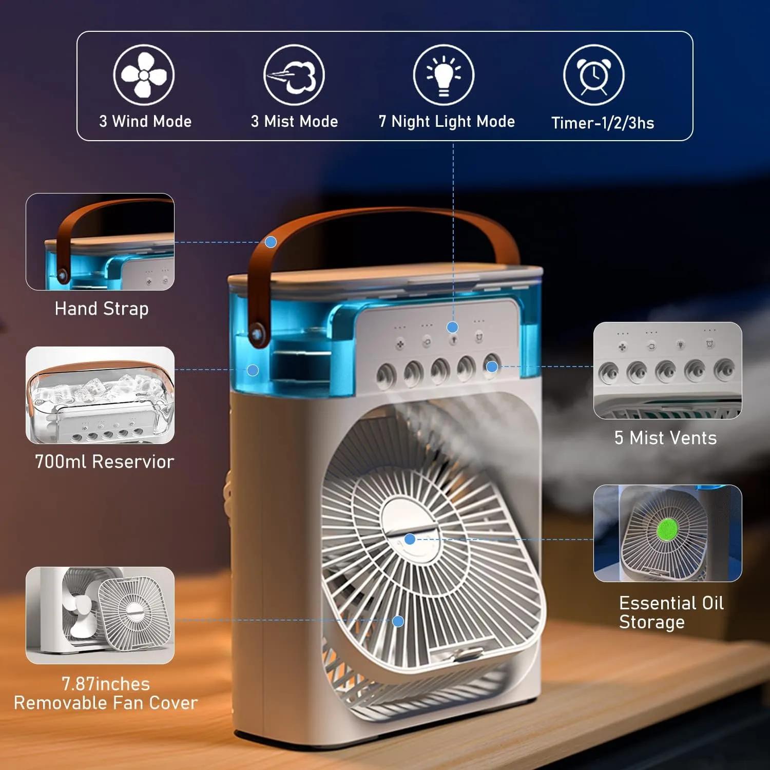 Electric Mini Air Cooler Fan | Portable Mist Fan & Humidifier | LED Light Cooling Fan for Home, Office & Travel Use - Image 6