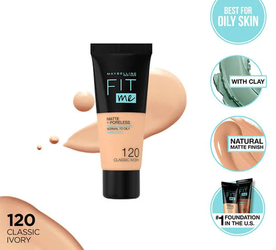 Maybelline New York Fit Me Matte & Poreless Liquid Foundation 18ml Tube – Shade 120 Classic Ivory | For Normal to Oily Skin | Lightweight & Natural Finish - Image 3