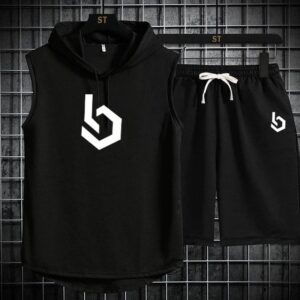 Summer Gym Hooded Short Track Suit – Black Jersey Fabric | Lightweight & Breathable Sportswear