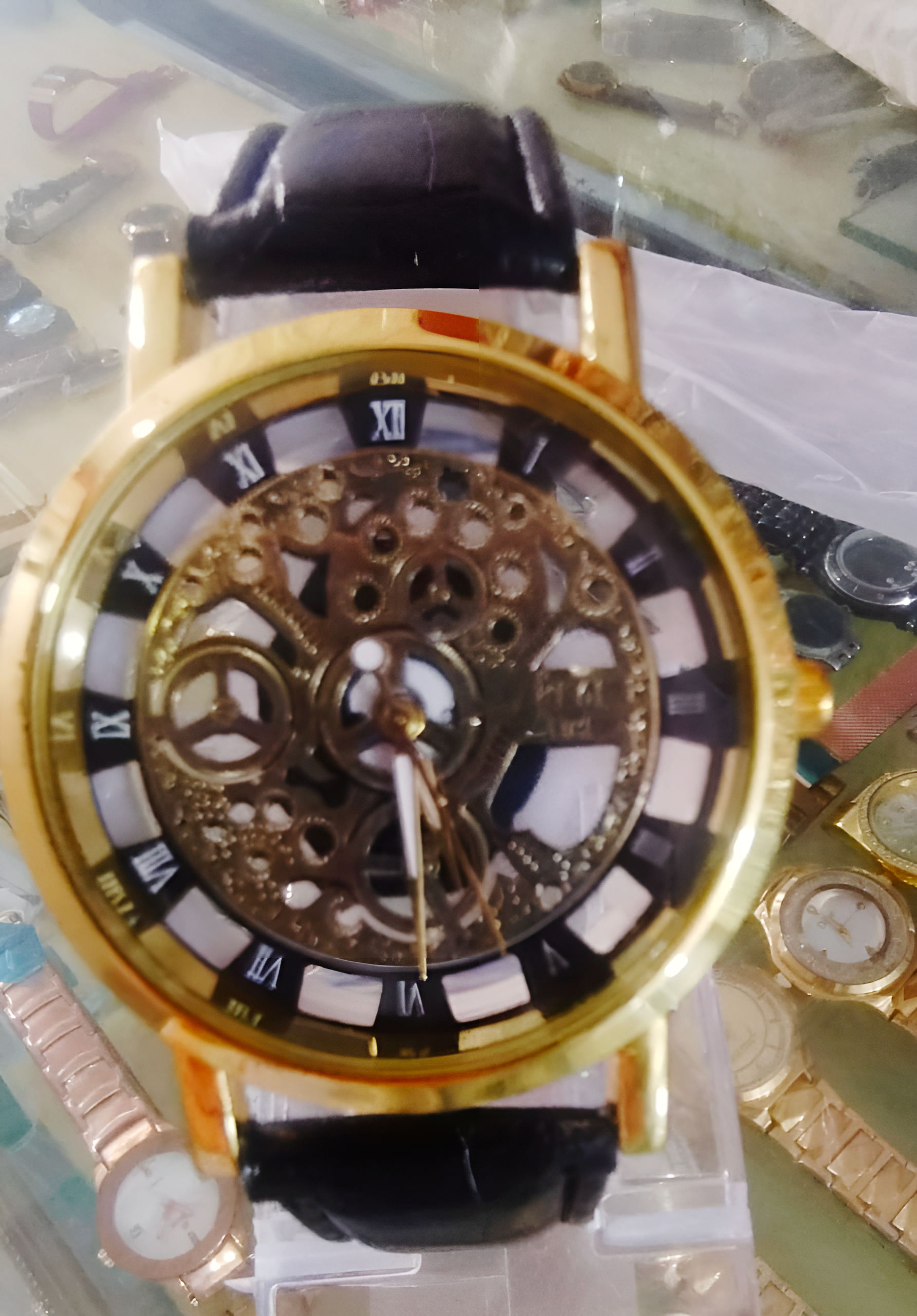 Stylish Leather Watch for Men – Gold-Tone Stainless Steel Dial with Black Strap | Elegant Quartz Wristwatch (Without Box) - Image 3