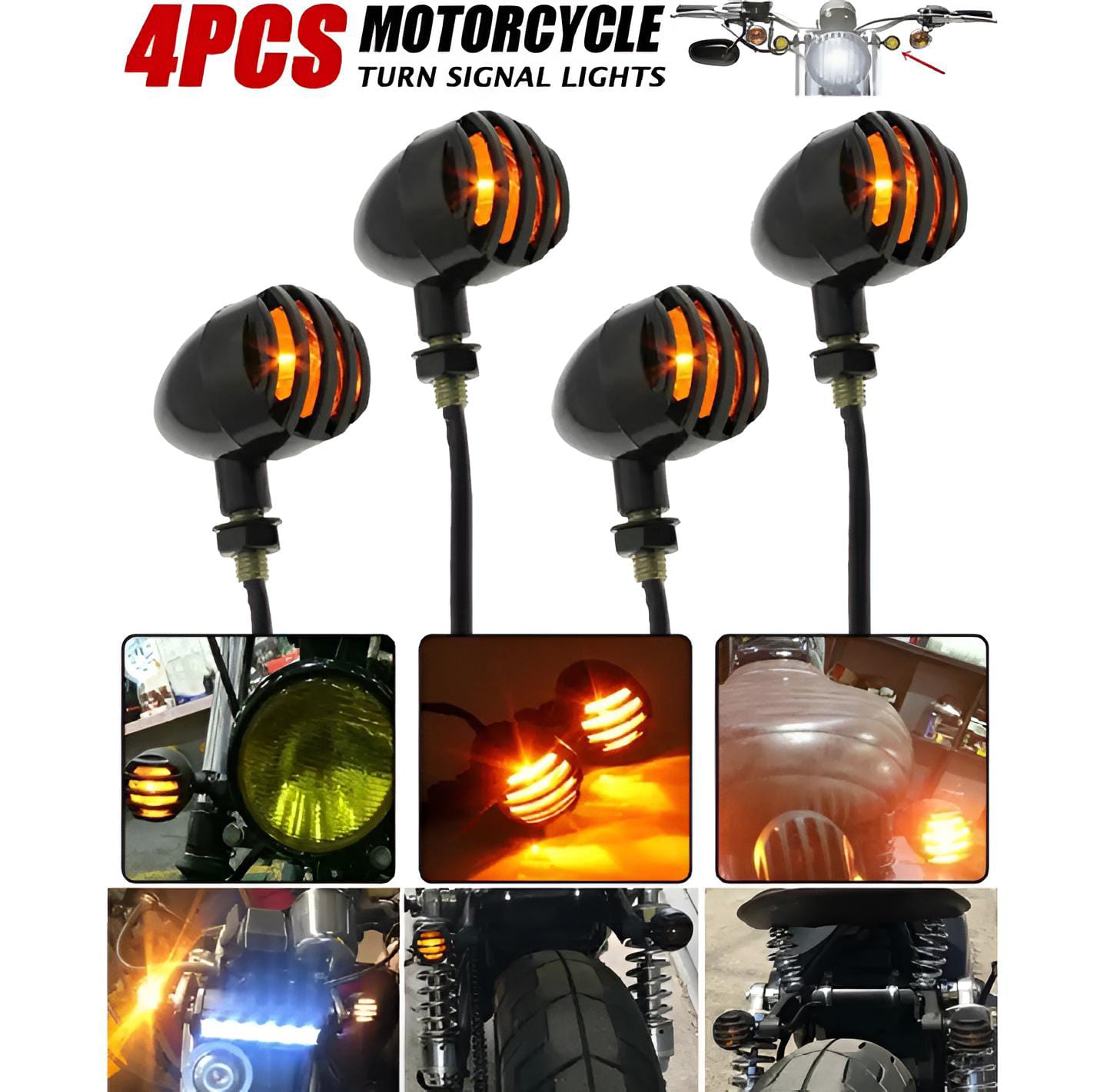 (Pack of 4) Grill Style Yellow LED Indicators for Motorcycles | Universal Fit Bike Turn Signal Lights | Durable & Waterproof