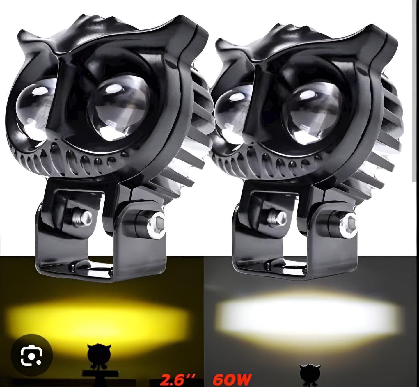 2 Pcs OWL Shape Fog Light 40W | Yellow & White Flash Dual Beam LED Spot Lights | Universal Plastic Body Headlight for All Bikes & Cars (9V–60V)