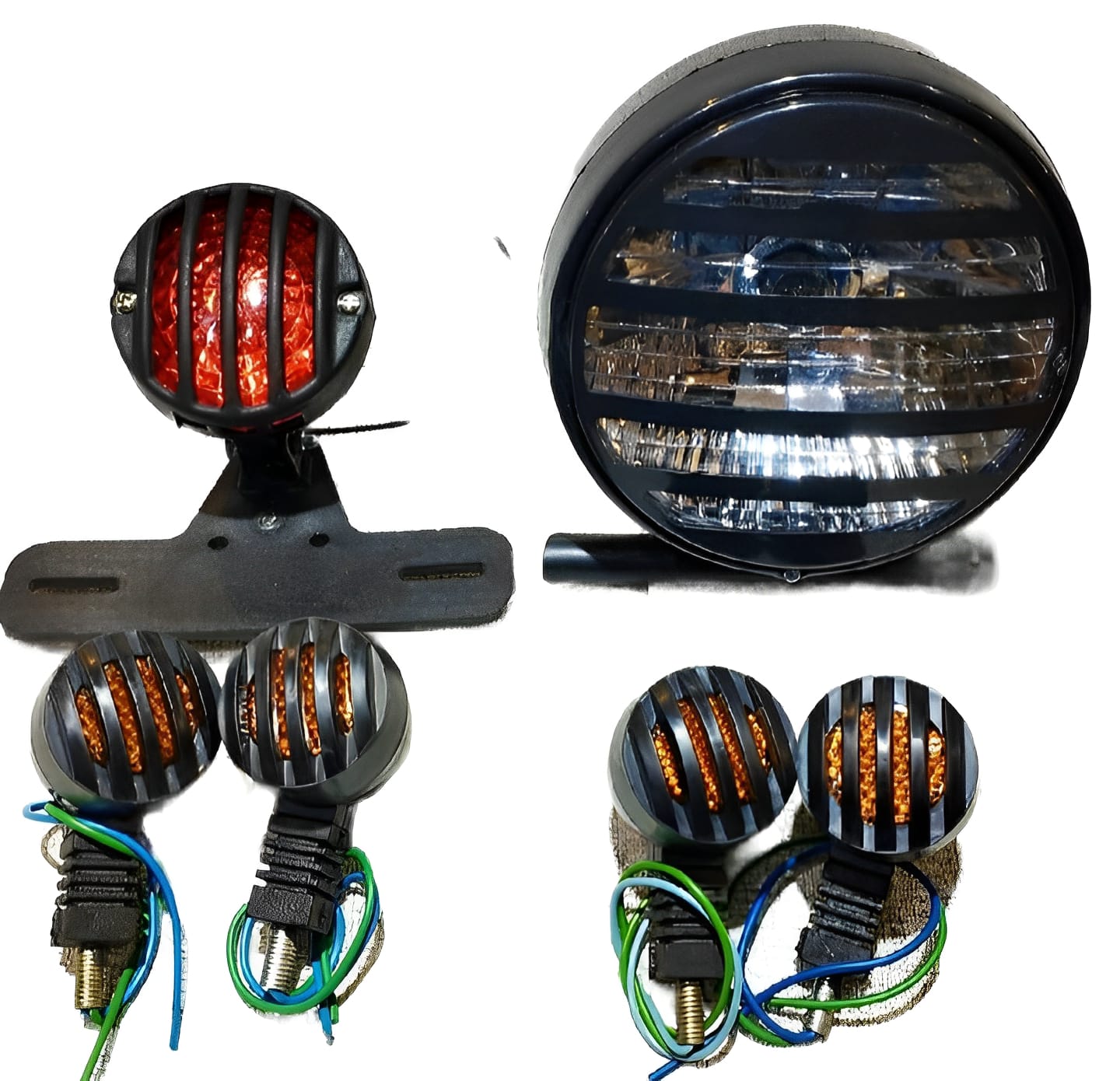 Pack of 3 Cafe Racer Kit | Headlight, Backlight & 4-Piece Indicators for 70cc & 125cc Bikes | Universal Motorcycle Accessory Set