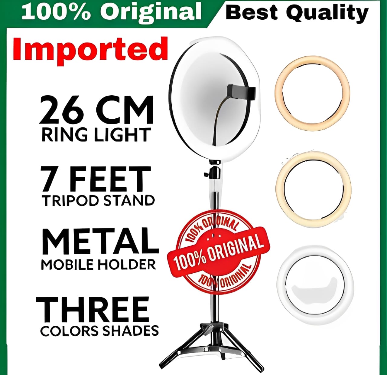 26CM LED Ring Light with Mobile Holder & 7ft Tripod Stand | 3 Light Colors, Dimmable USB Selfie Ring Light for Videography & Photography - Image 5