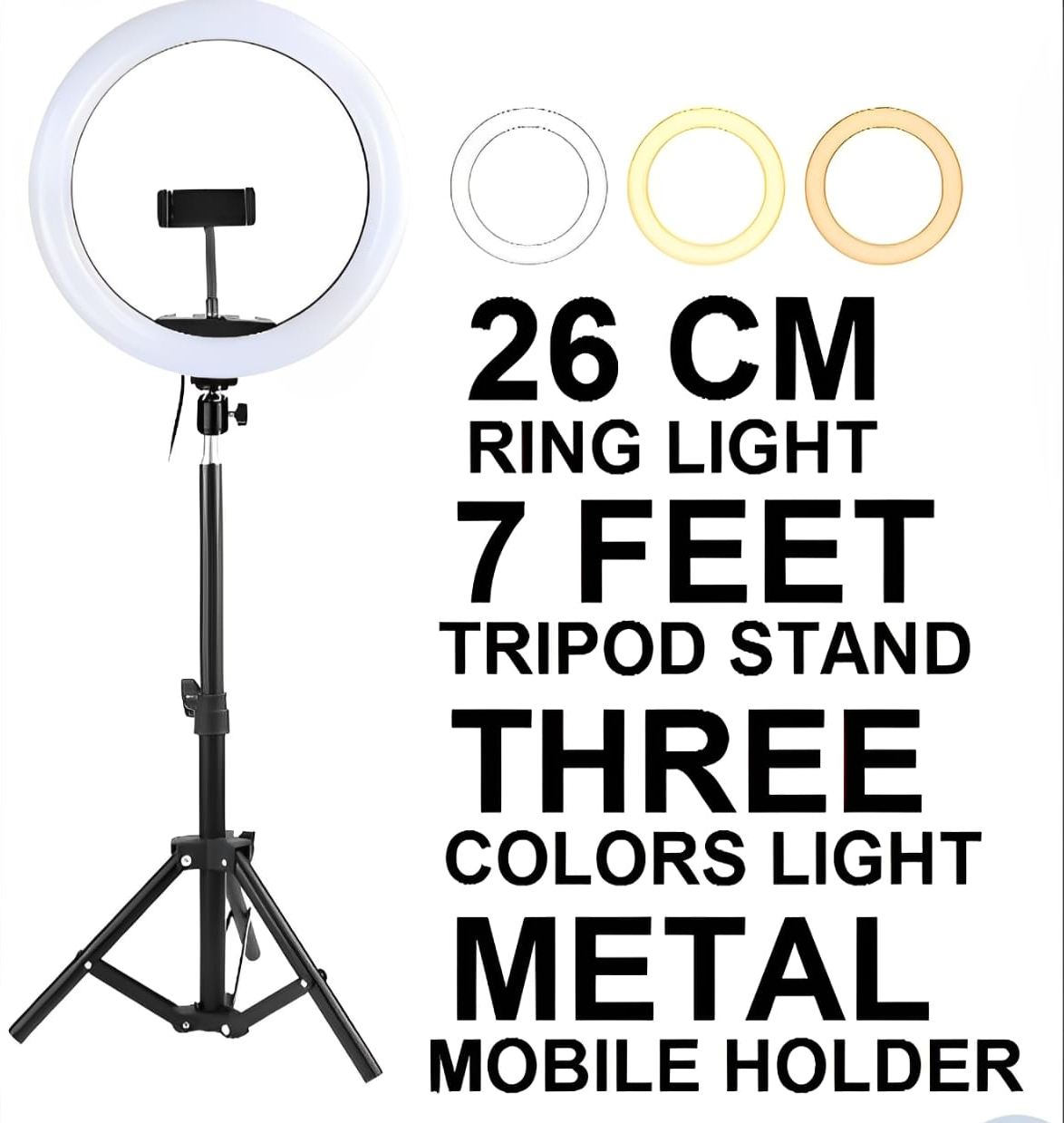 26CM LED Ring Light with Mobile Holder & 7ft Tripod Stand | 3 Light Colors, Dimmable USB Selfie Ring Light for Videography & Photography