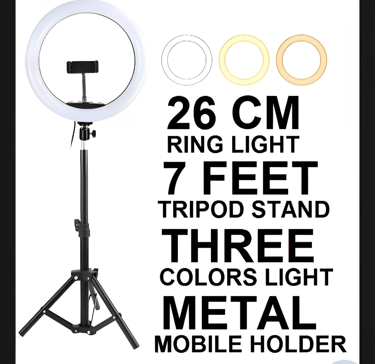 26CM LED Ring Light with Mobile Holder & 7ft Tripod Stand | 3 Light Colors, Dimmable USB Selfie Ring Light for Videography & Photography - Image 4