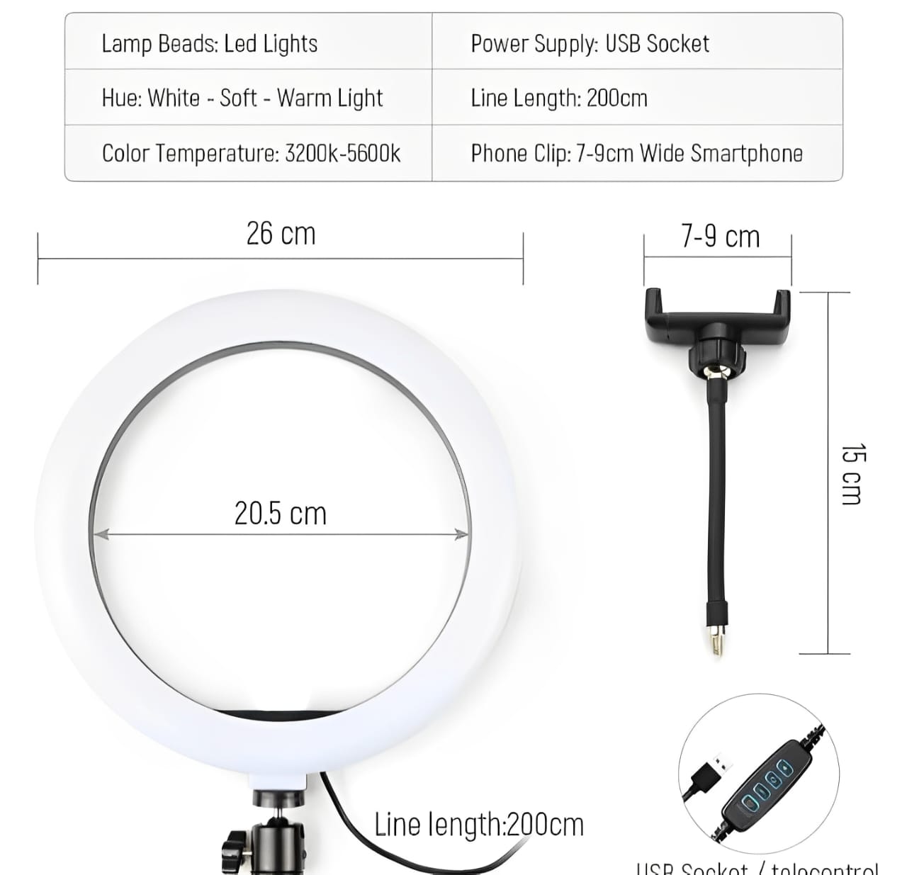 26CM LED Ring Light with Mobile Holder & 7ft Tripod Stand | 3 Light Colors, Dimmable USB Selfie Ring Light for Videography & Photography - Image 8