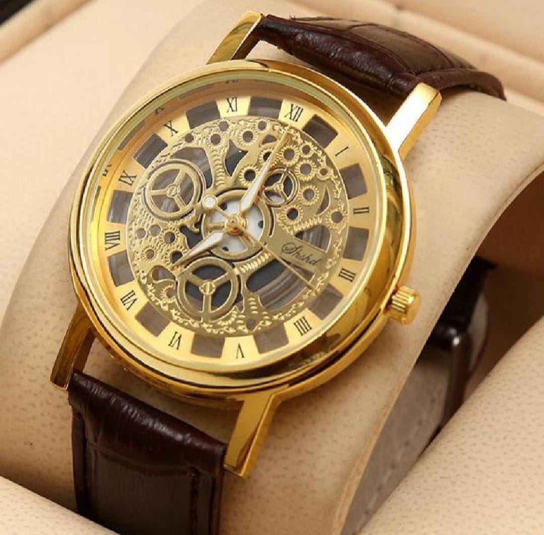 Stylish Leather Watch for Men – Gold-Tone Stainless Steel Dial with Brown Strap | Elegant Analog Wristwatch | Premium Design (Without Box) - Image 5