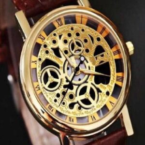 Stylish Leather Watch for Men – Gold-Tone Stainless Steel Dial with Brown Strap | Elegant Analog Wristwatch | Premium Design (Without Box)