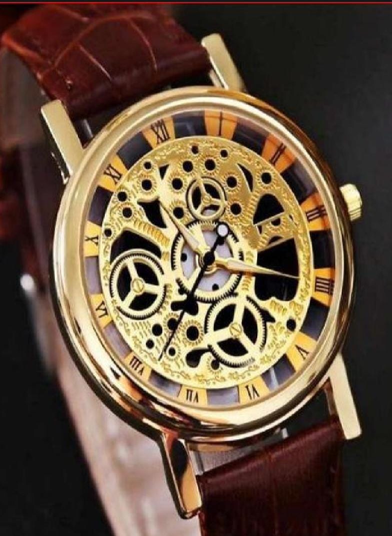 Stylish Leather Watch for Men – Gold-Tone Stainless Steel Dial with Brown Strap | Elegant Analog Wristwatch | Premium Design (Without Box)