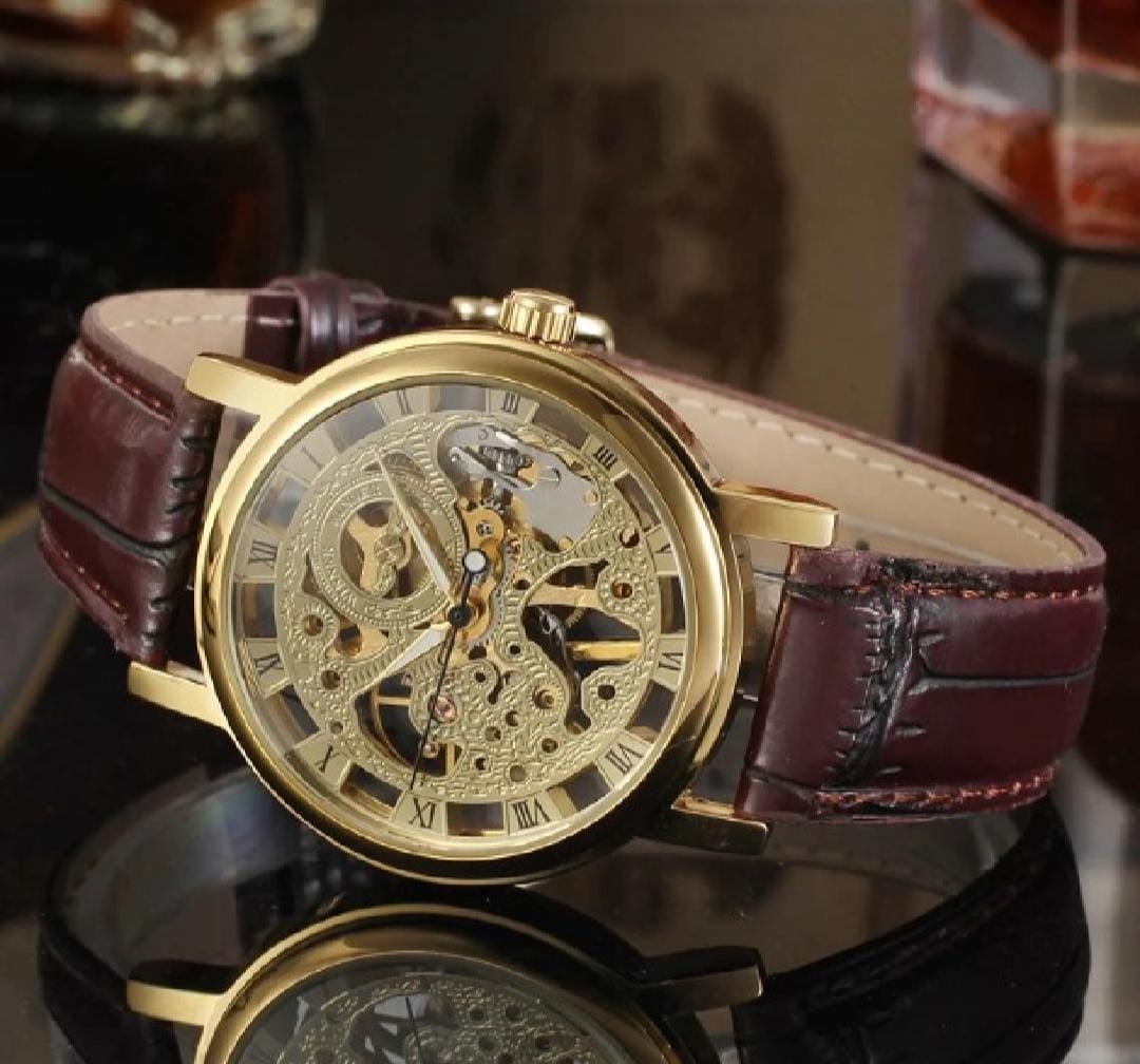 Stylish Leather Watch for Men – Gold-Tone Stainless Steel Dial with Brown Strap | Elegant Analog Wristwatch | Premium Design (Without Box) - Image 4