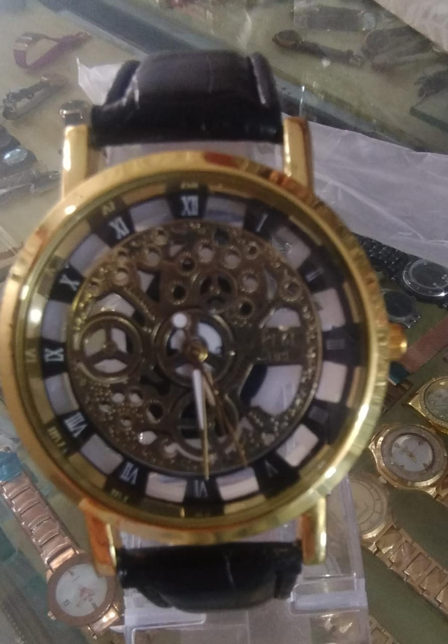 Stylish Leather Watch for Men – Gold-Tone Stainless Steel Dial with Black Strap | Elegant Quartz Wristwatch (Without Box) - Image 4
