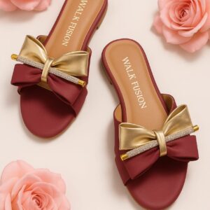 Stylish Maroon Block Heel Slip-On Slippers for Women – Golden Bow & Rhinestone Detailing | Comfortable, Premium-Quality Party & Daily Wear Footwear (With Box)