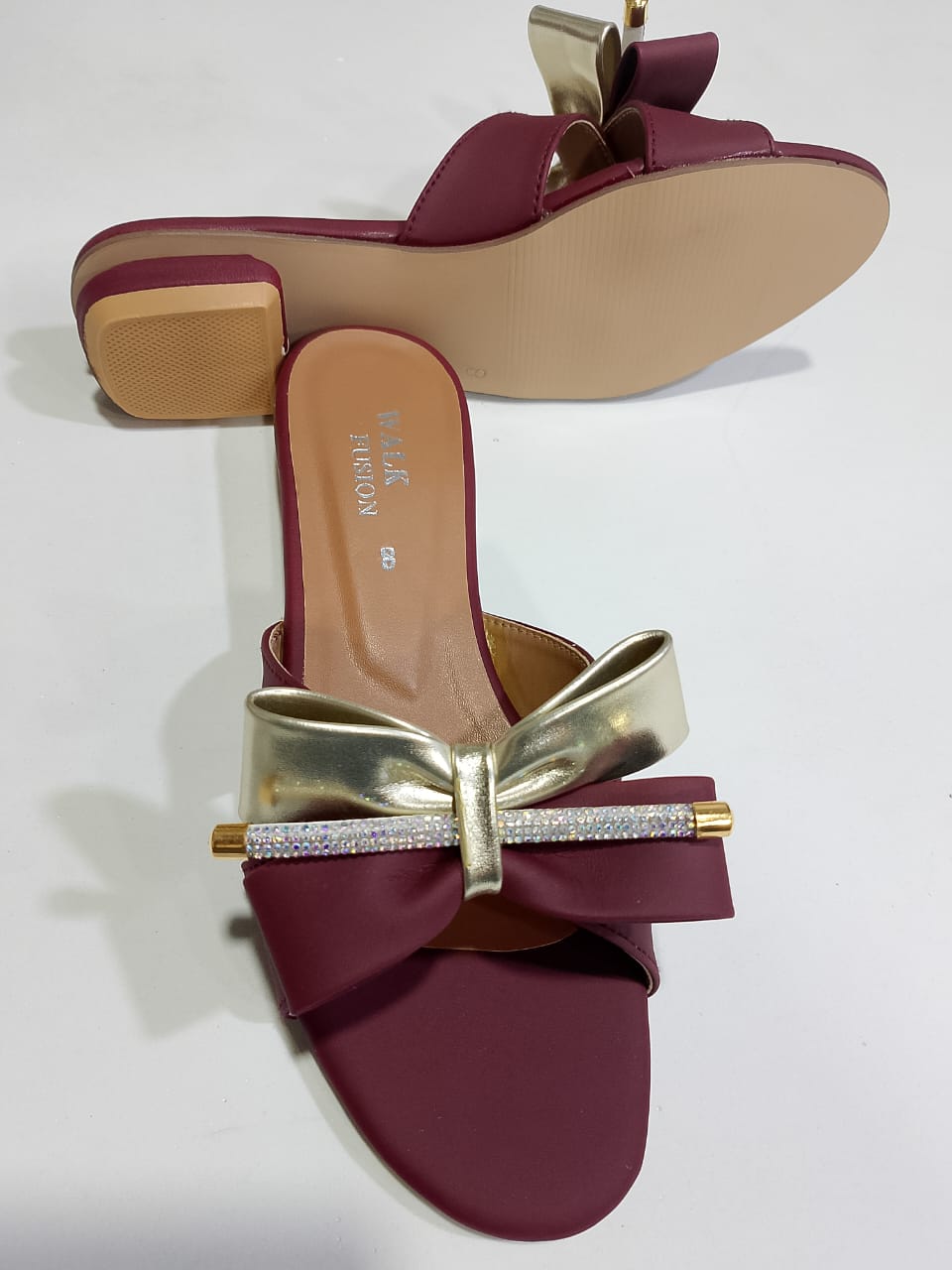 Stylish Maroon Block Heel Slip-On Slippers for Women – Golden Bow & Rhinestone Detailing | Comfortable, Premium-Quality Party & Daily Wear Footwear (With Box) - Image 2