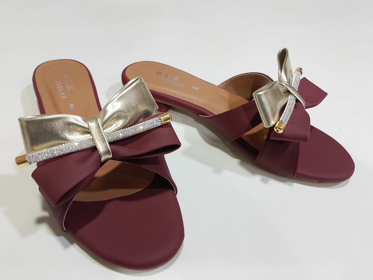 Stylish Maroon Block Heel Slip-On Slippers for Women – Golden Bow & Rhinestone Detailing | Comfortable, Premium-Quality Party & Daily Wear Footwear (With Box) - Image 3