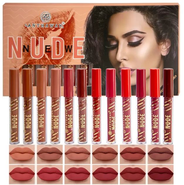 Pack of 12 Waterproof Matte Lip Gloss | Nude & Reddish Shades | Long-Lasting Non-Sticky Lip Color Set