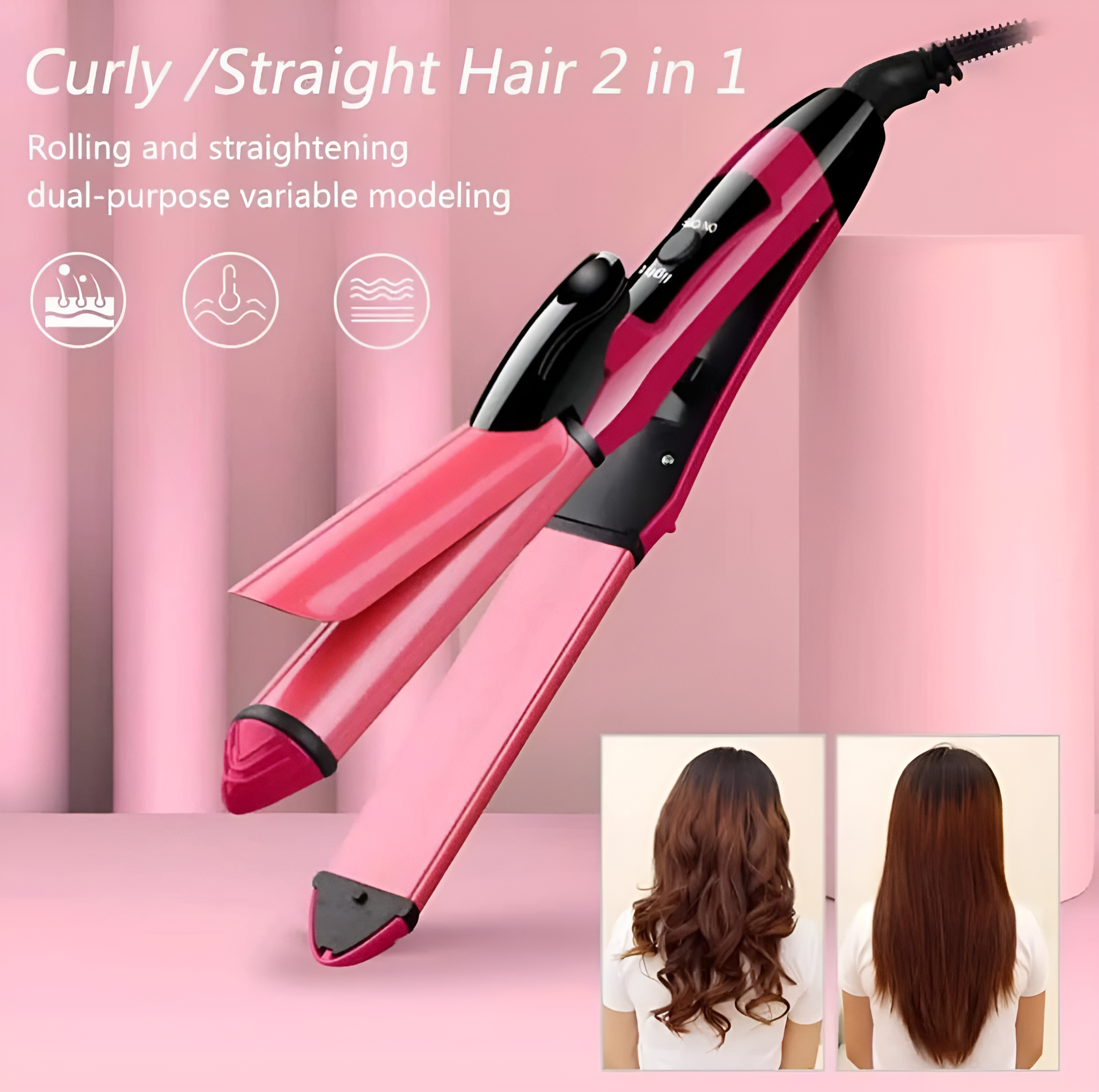 Nova 2-in-1 Hair Straightener & Curler – NH-2009 | Quick Heat-Up Ceramic Plates for Smooth Straightening & Bouncy Curls | Dual-Use Styling Tool for All Hair Types
