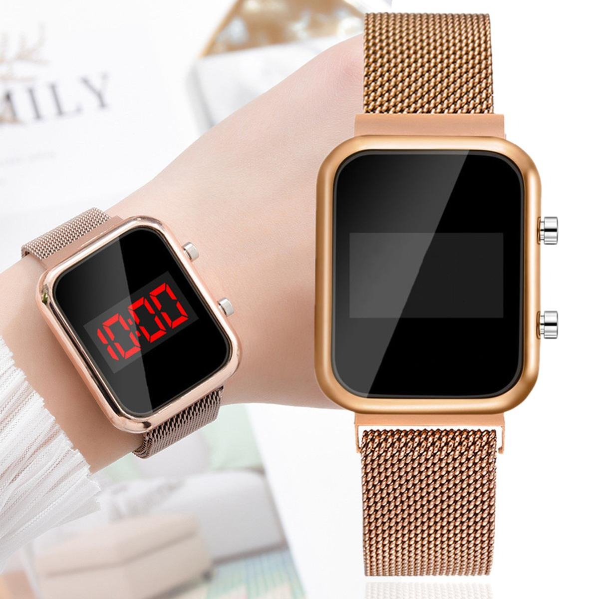 Touch LED Magnet Watch – Golden Smart Digital Wristwatch for Men & Women | Square LED Display, Magnetic Strap, Sports & Casual Style (Without Box) - Image 2