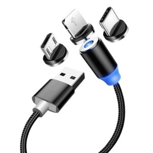 3-in-1 Magnetic Fast Charging Cable | Type-C, Micro USB & iPhone | 360° Rotating LED Nylon Cable | 3A Fast Charge for Android & iOS (Random Color)