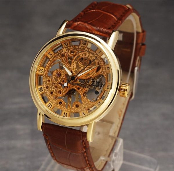 Stylish Leather Watch for Men – Gold-Tone Stainless Steel Dial with Brown Strap | Elegant Analog Wristwatch | Premium Design (Without Box) - Image 2