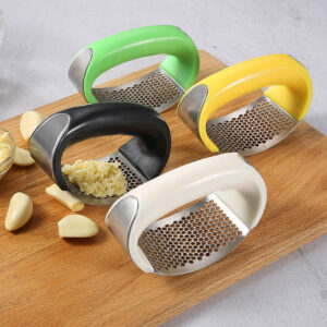 Stainless Steel Garlic Press – Manual Handheld Ginger & Garlic Mincer – Curved Ergonomic Design, Easy to Use & Clean (Random Color)
