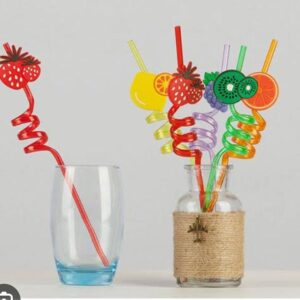 4Pcs Cartoon Fruit Spiral Drinking Straws – Fun Reusable Plastic Straws for Kids | Lime, Lemon, Pineapple, Watermelon Design (Random Colors)