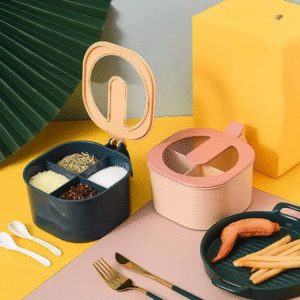 Modern 4-Grid Spice Jar – 1000ml Kitchen Organizer Box (Random Color) | Multipurpose Seasoning Storage Container