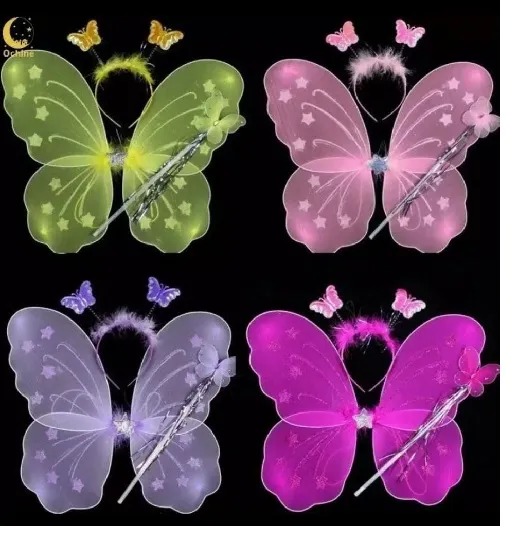 Kids Fairy Butterfly Wings Dress Up Set | 3 PCS Costume (Wings + Stick + Hairband) for Girls | Birthday, Party & Halloween Outfit