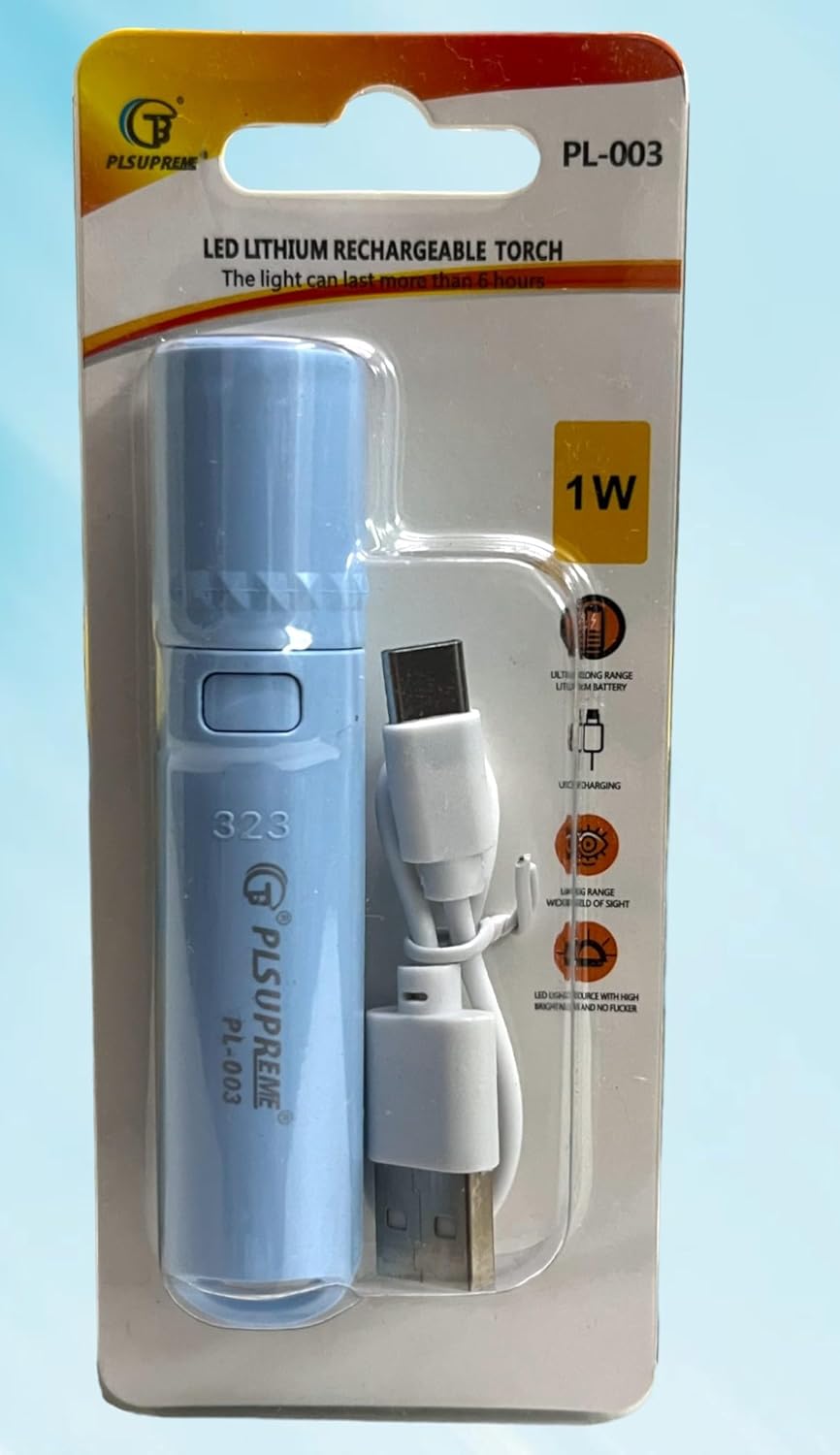 Pl 003 Long Range LED Rechargeable Torch Light – 1000 Lumens, 3 Modes, 500m Beam Distance, 1400mAh Battery with USB Cable, Durable Outdoor Flashlight - Image 4