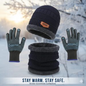Premium Knitted Beanie Cap, Neck Gaiter And Touchscreen Gloves Combo Pack | Complete Winter Essentials For Cold Weather Protection (Blue)