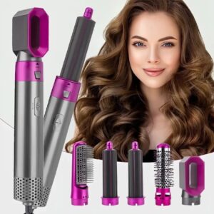 5 in 1 Hair Styler Brush – Electric Air Wrap, Straightener, Curler, Blow Dryer & Volumizer | Negative Ionic Technology with Detachable Brush Heads | Professional Salon Styling Tool