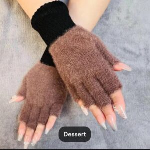 Girls Soft Plush Half Finger Gloves | Warm Fuzzy Fingerless Winter Gloves -black
