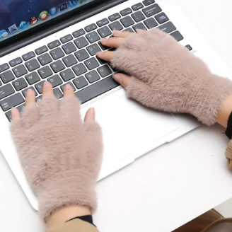 Girls Soft Plush Half Finger Gloves | Warm Fuzzy Fingerless Winter Gloves -black - Image 2