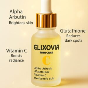 Elixovia Vitamin C Plus Face Serum – Brightening & Hydrating Formula with Alpha Arbutin, Glutathione & Hyaluronic Acid – Radiant, Even & Smooth Skin – 30ml - Image 3
