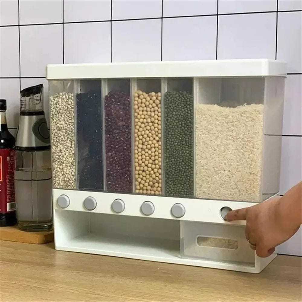 6-in-1 Wall-Mounted Dry Food Dispenser | 6-Grid Cereal, Rice & Grain Storage Container for Kitchen Organization (ODS)
