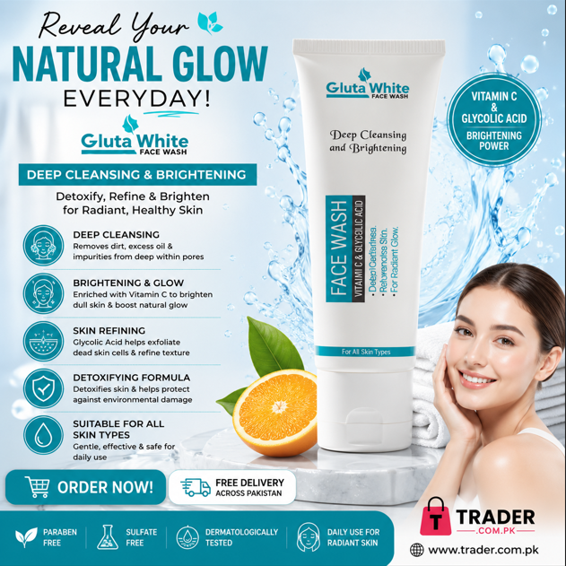 Gluta White Deep Cleansing Face Wash 100ML – Vitamin C & Glycolic Acid Brightening, Detoxifying & Skin Refining Formula for Radiant Glow