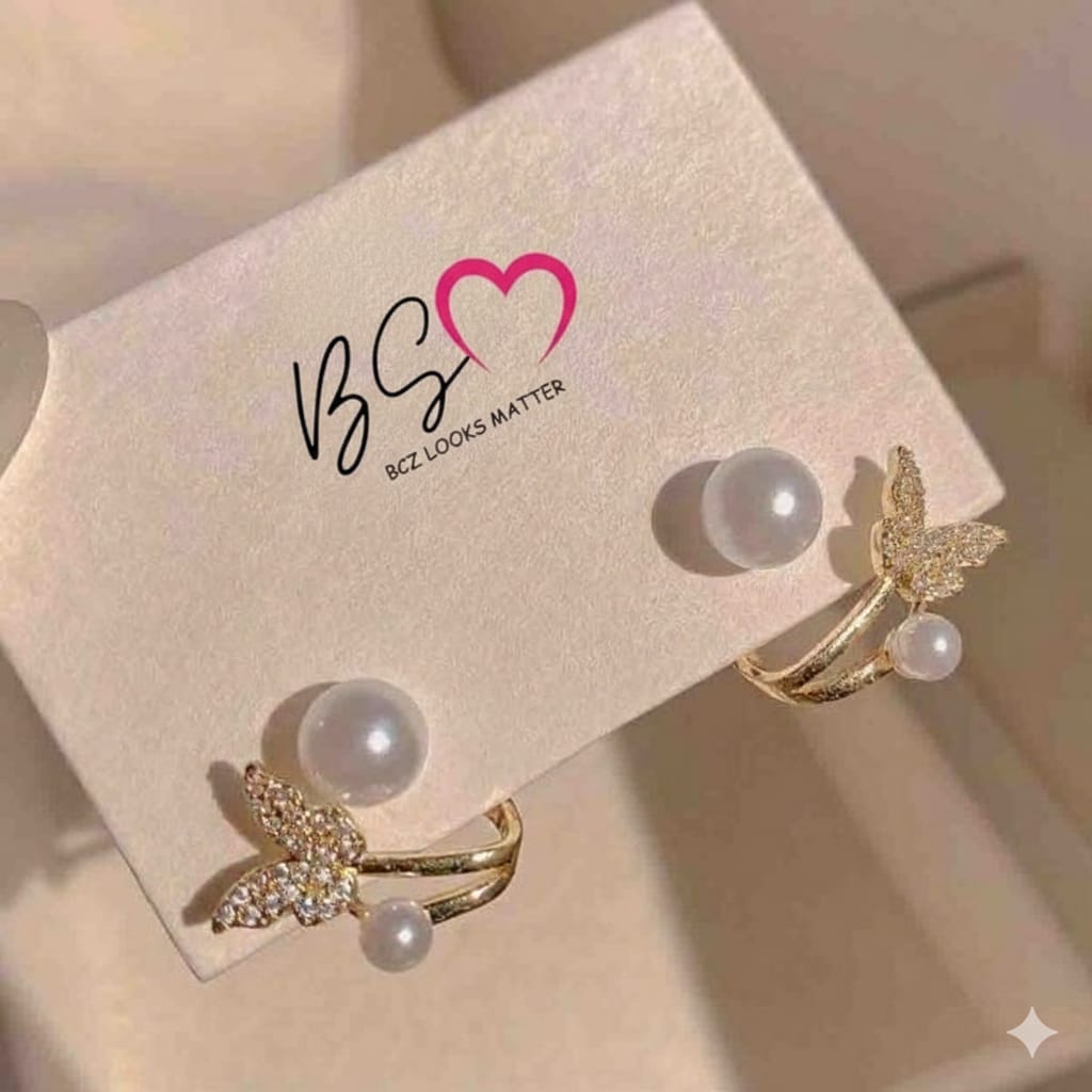 Delicate Butterfly & Pearl Magic! 🦋 AXJ-161 Korean Earrings – Golden Whimsical Design for a Feminine, Elegant Look