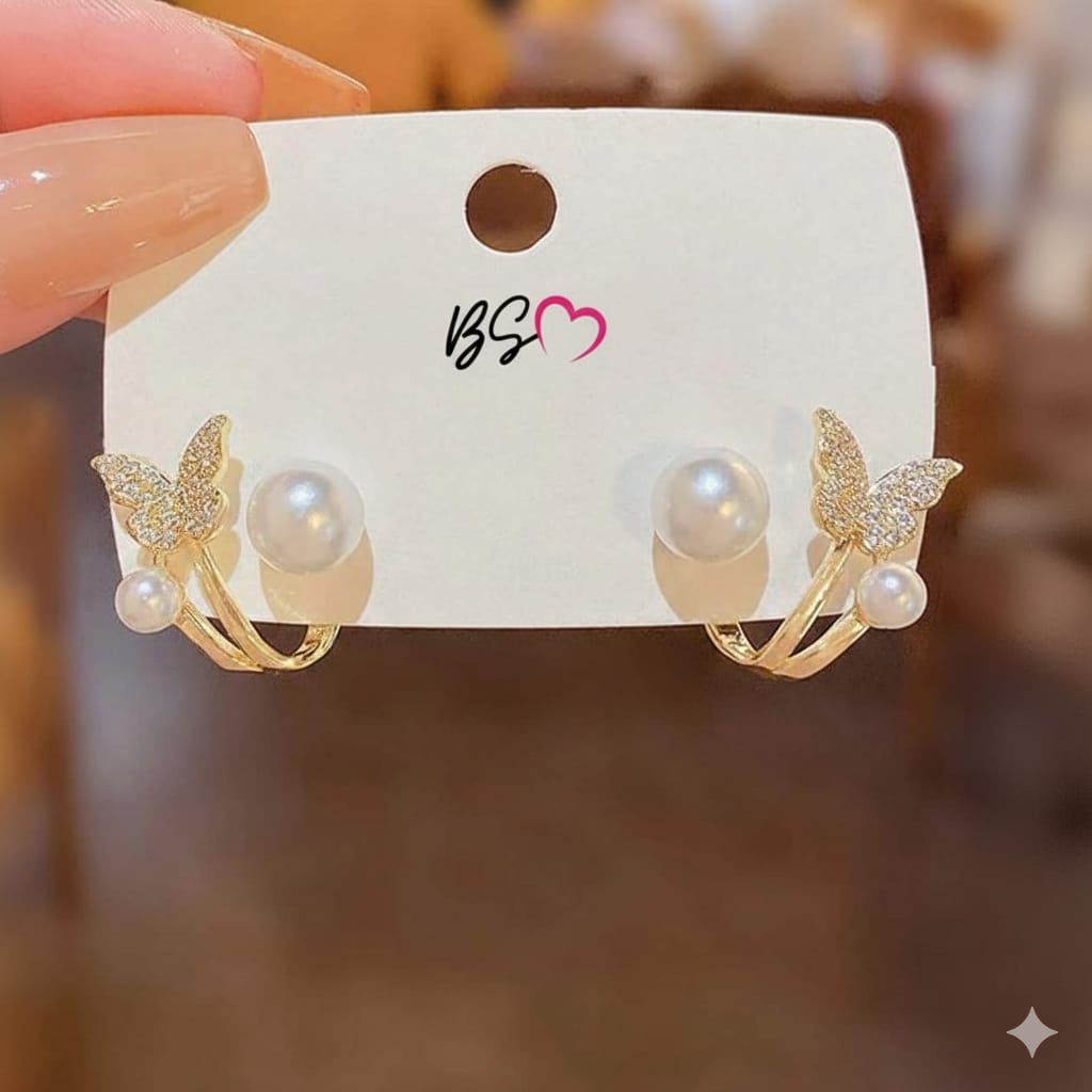 Delicate Butterfly & Pearl Magic! 🦋 AXJ-161 Korean Earrings – Golden Whimsical Design for a Feminine, Elegant Look - Image 2