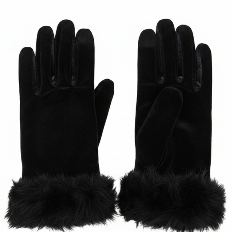Women's & Girls Black Winter Velvet Gloves with Fur Cuff – Warm, Soft & Cozy Hand Gloves for Cold Weather, Touchscreen Friendly & Stylish (1 Pair)