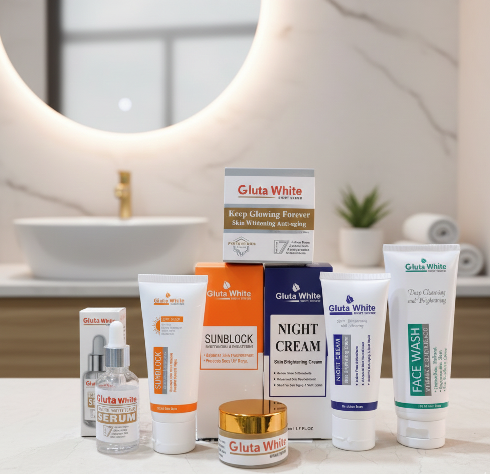 5-in-1 Gluta White Skincare Set | Face Cream, Face Wash, Serum, Sunblock & Night Cream | Complete Skin Brightening Kit