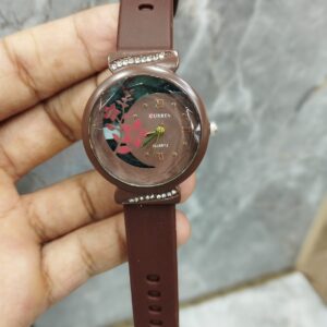 Curren Ladies Diamond Round Rubber Watch – Black – Without Box