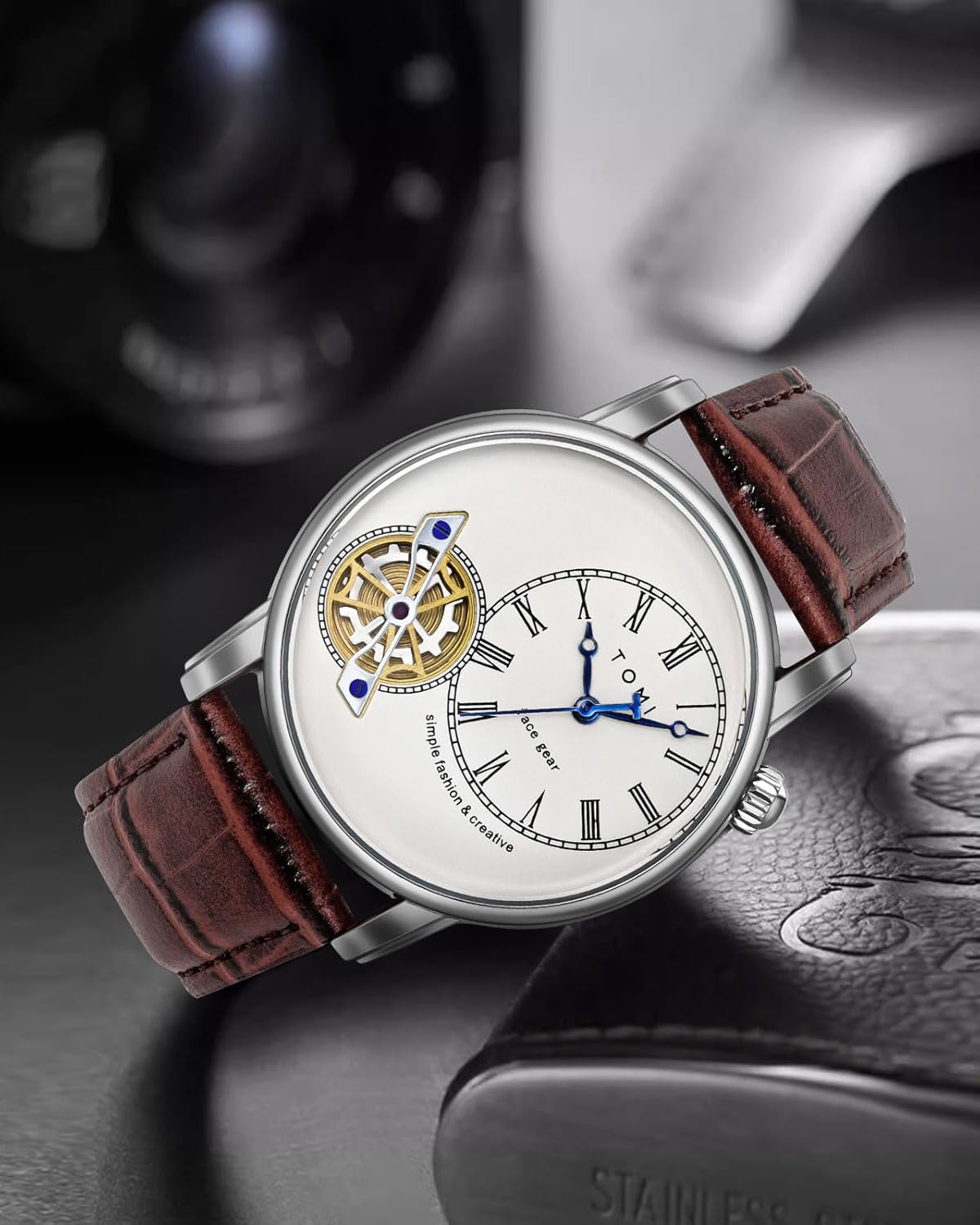 Men's Double Strap Leather Watch – Analog Quartz 3ATM (Random Color Gift) - Image 3