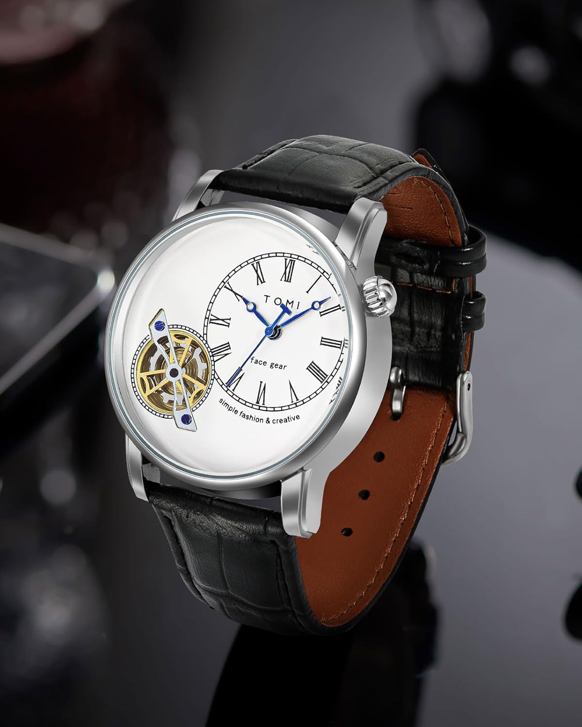 Men's Double Strap Leather Watch – Analog Quartz 3ATM (Random Color Gift)