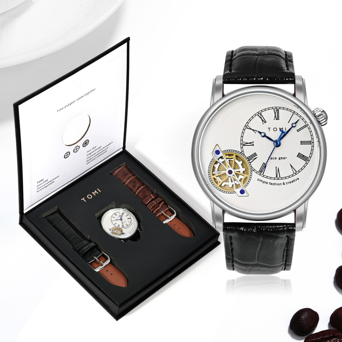 Men's Double Strap Leather Watch – Analog Quartz 3ATM (Random Color Gift) - Image 4
