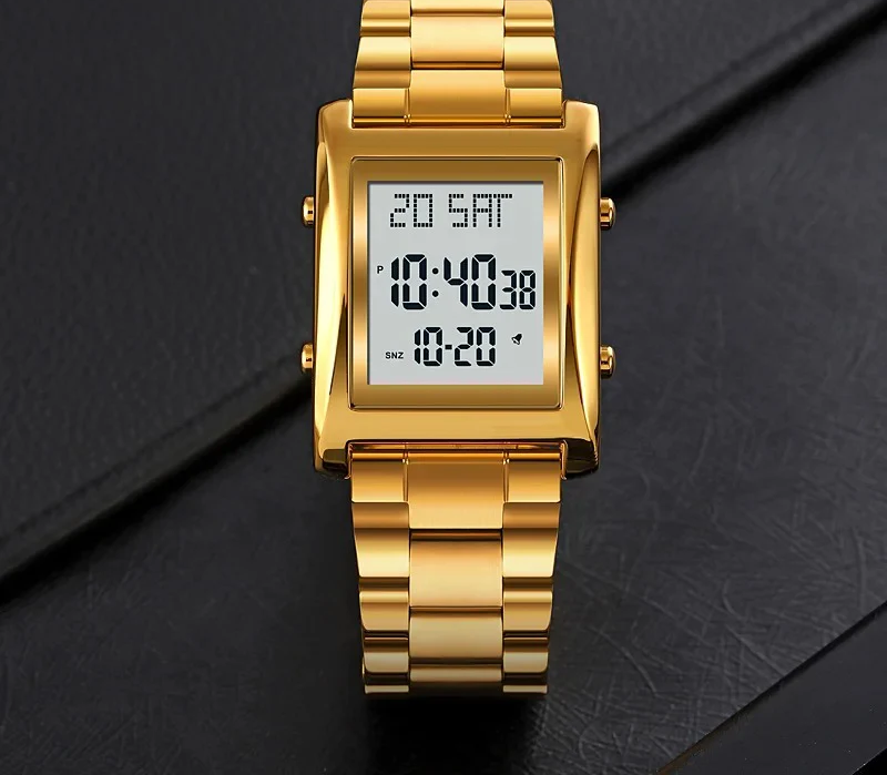 Skmei Men’s Digital Square Watch – Golden Stainless Steel Chain | Quartz Movement | No Box