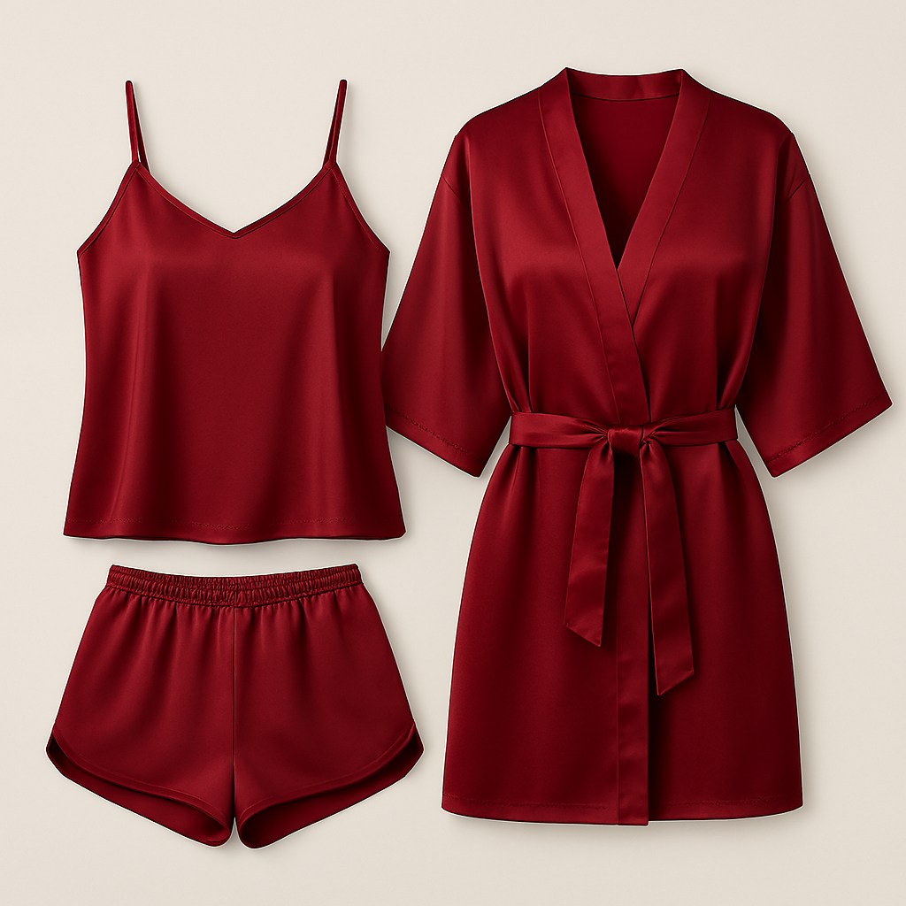 3-Piece Satin Sleepwear Set for Women – Camisole, Shorts & Robe | Elegant Nightwear & Loungewear | Free Size | Black - Image 2