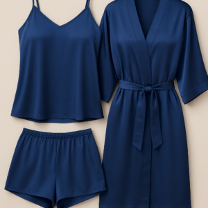 3-Piece Satin Sleepwear Set for Women – Camisole, Shorts & Robe | Elegant Nightwear & Loungewear | Free Size | Black